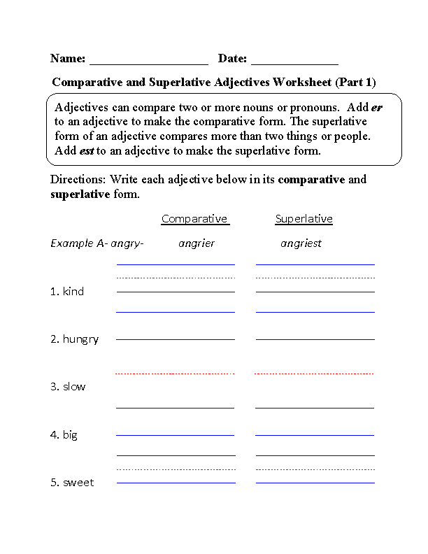 Worksheet for practicing comparative and superlative adjectives in third-grade writing Third-grade students working on a worksheet about comparative and superlative adjectives