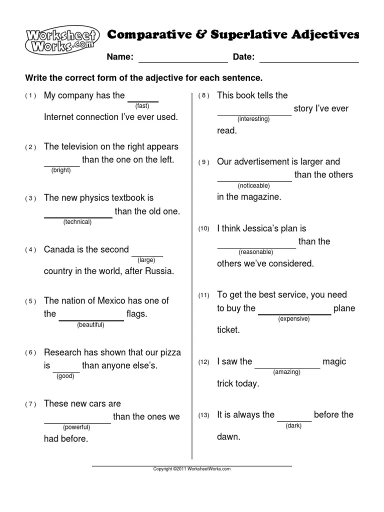 Third-grade grammar exercise on comparative and superlative adjectives Writing worksheet for practicing comparative and superlative adjectives for third graders