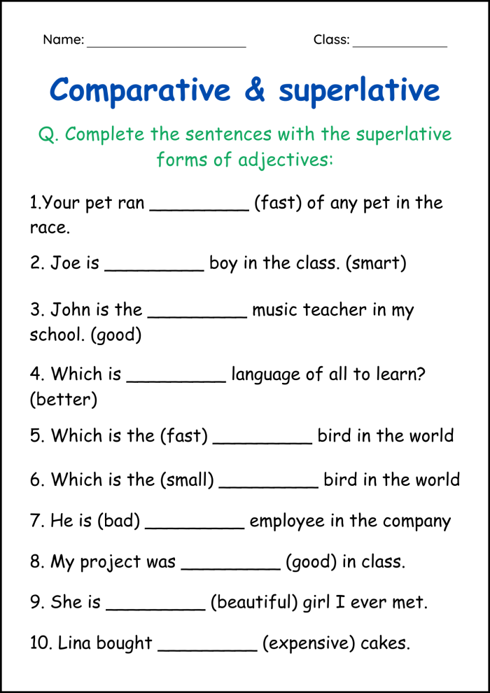 Third grade students completing a worksheet focused on identifying comparative and superlative adjectives