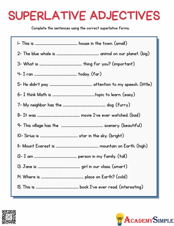 Third grade students practice using comparative and superlative adjectives in this 20-sentence worksheet