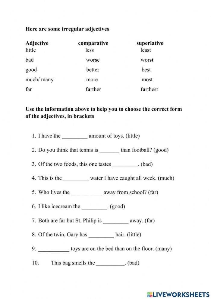 Worksheet featuring sentences for identifying comparative and superlative adjectives for third graders