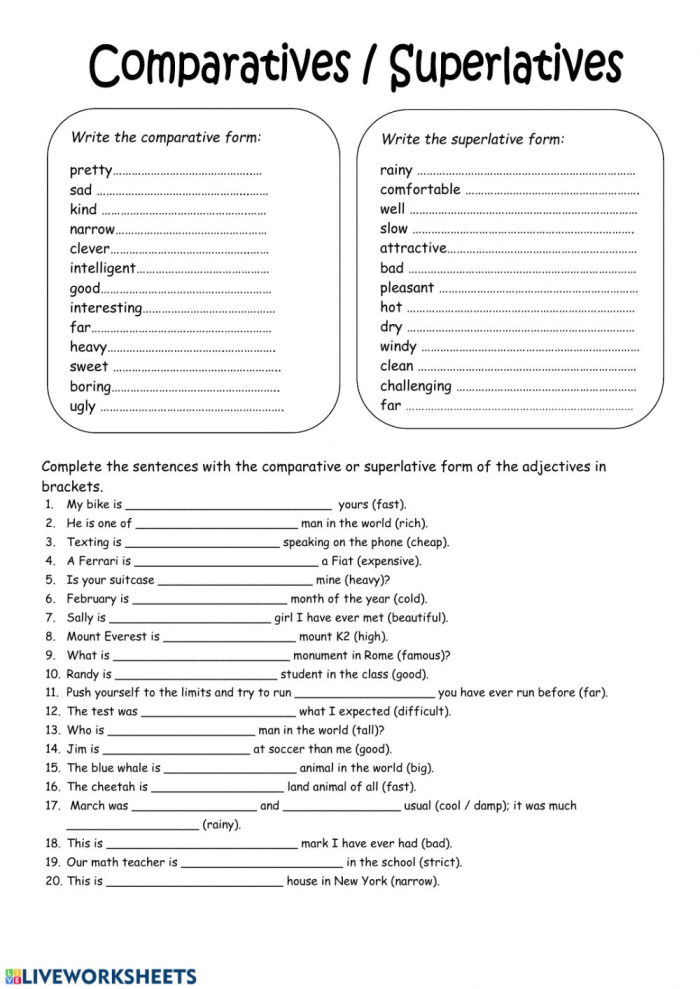 Third-grade grammar worksheet on writing comparative and superlative adjectives Worksheet for practicing comparative and superlative adjectives for third-grade students