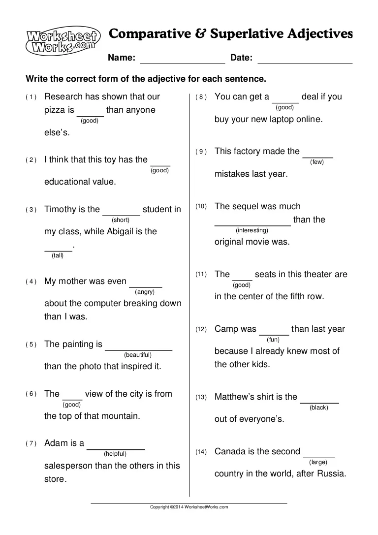 Third-grade writing worksheet on comparative and superlative adjectives Worksheet for practicing comparative and superlative adjectives for third-grade students