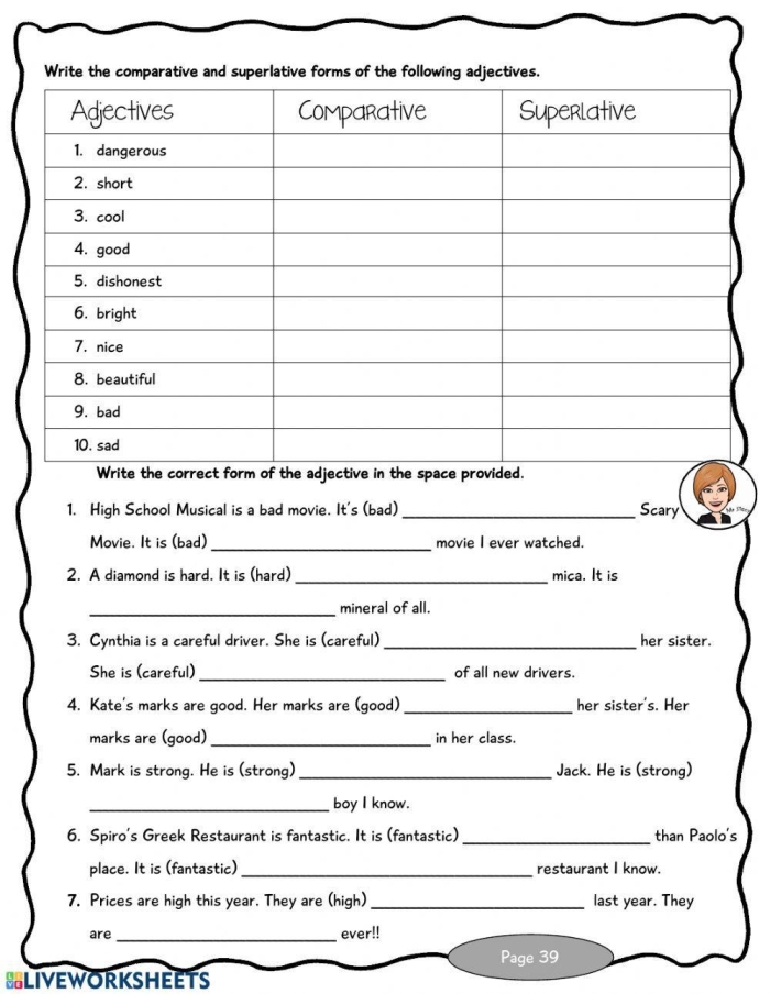 Writing Comparative and Superlative Adjectives worksheet for grade 3 students Third-grade worksheet for practicing comparative and superlative adjectives