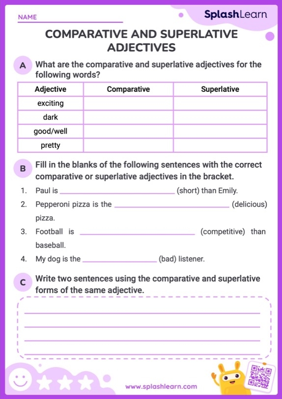 Third grade worksheet for practicing comparative and superlative adjectives with 20 fill in the blank sentences