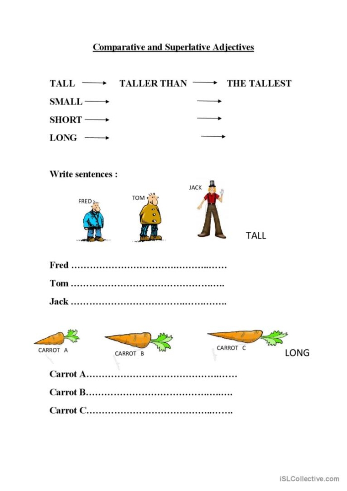 Worksheet for writing comparative and superlative adjectives in third-grade grammar Third-grade students practicing comparative and superlative adjectives on a worksheet