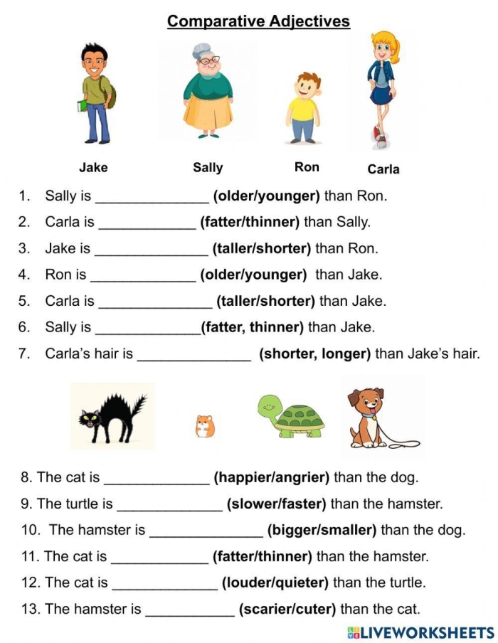 Third grade grammar worksheet featuring twenty sentences focused on comparative and superlative adjectives