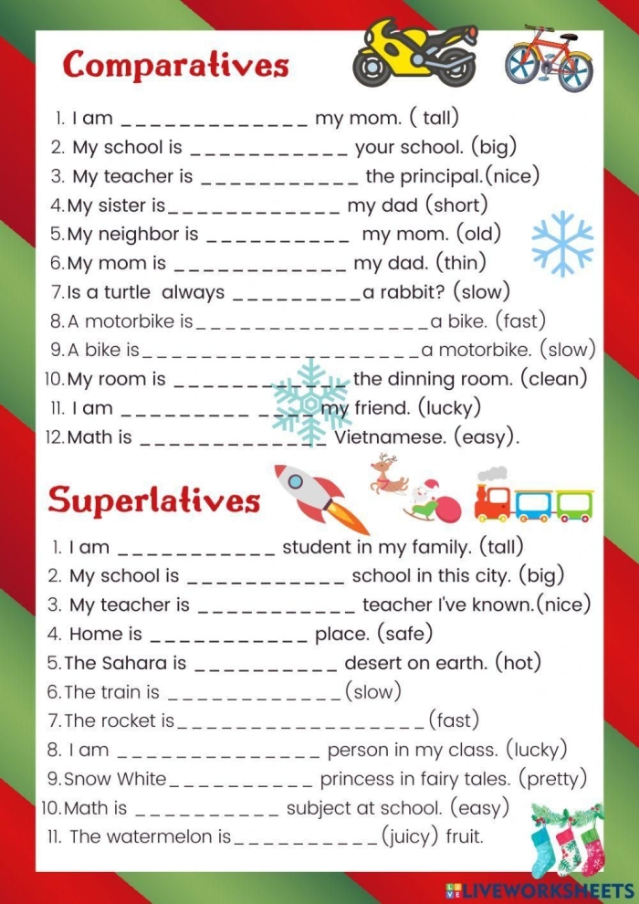 Third grade worksheet for practicing comparative and superlative adjective forms with twenty fill in the blank sentences