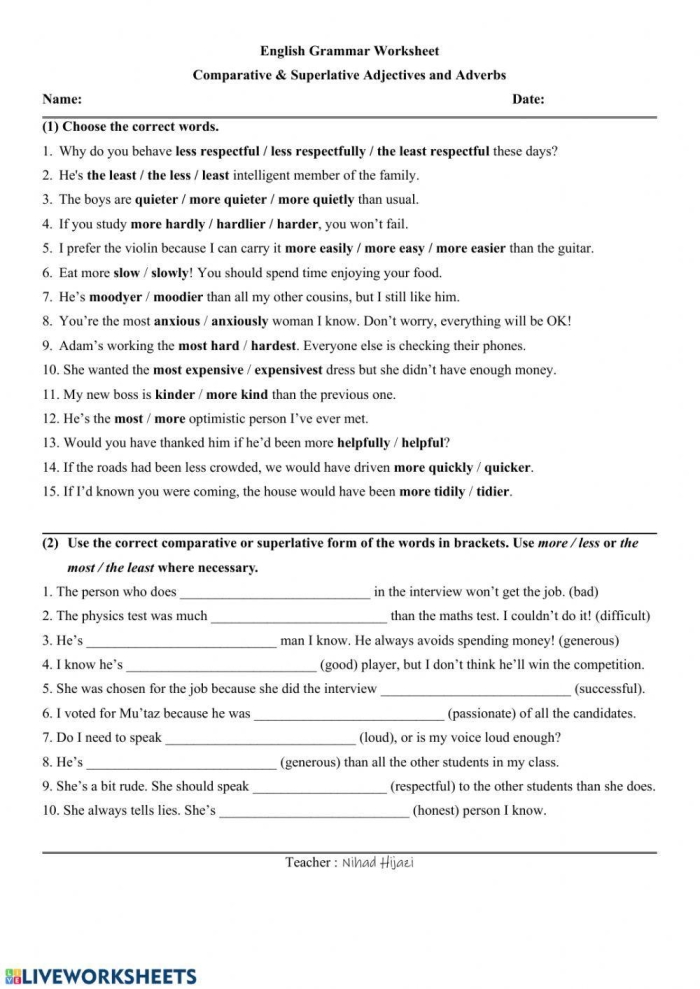 Third grade worksheet for identifying comparative and superlative adjectives in twenty sentences
