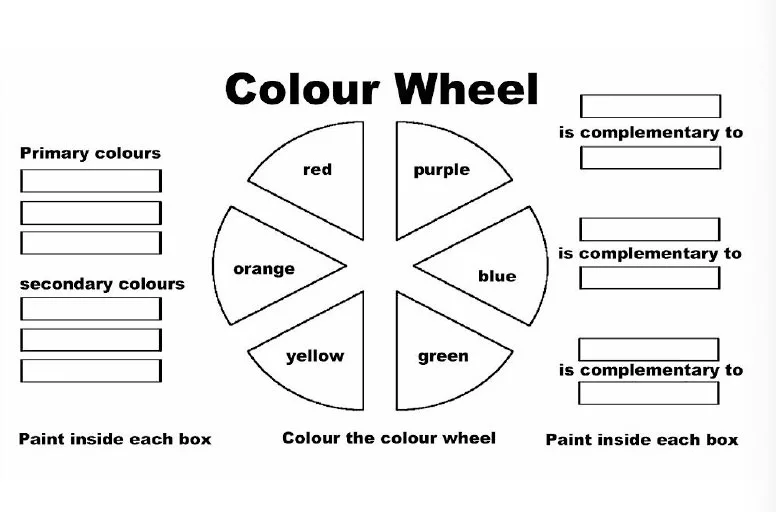 Worksheet illustrating complementary colors for third graders
