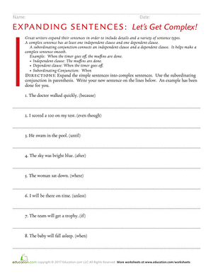 Expanding Sentences Let’s Get Complex Worksheet 18 A third grade student completing the Expanding Sentences Let’s Get Complex worksheet with subordinating conjunctions