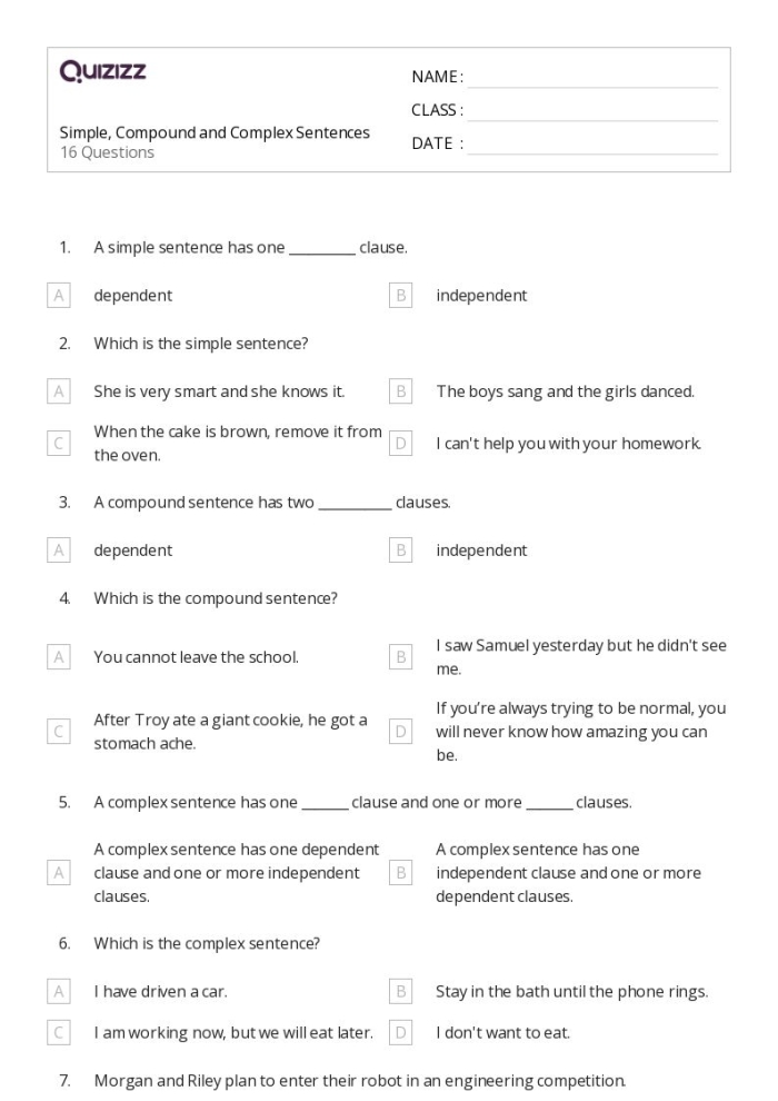 Third grade grammar worksheet showing exercises for combining independent and dependent clauses to form complex sentences with visual examples and practice activities