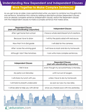 Worksheet for matching independent and dependent clauses for complex sentence formation