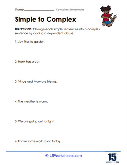 Worksheet for third graders on combining independent and dependent clauses to form complex sentences