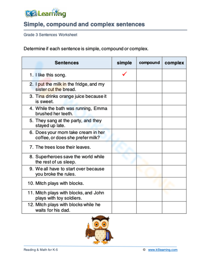 Complex Sentences Worksheet for Third and Fourth Grade Students Third grade student practicing writing complex sentences on a grammar worksheet