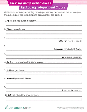 Worksheet for third graders on combining independent and dependent clauses to form complex sentences