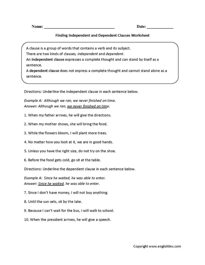 Worksheet for third graders on combining independent and dependent clauses to form complex sentences