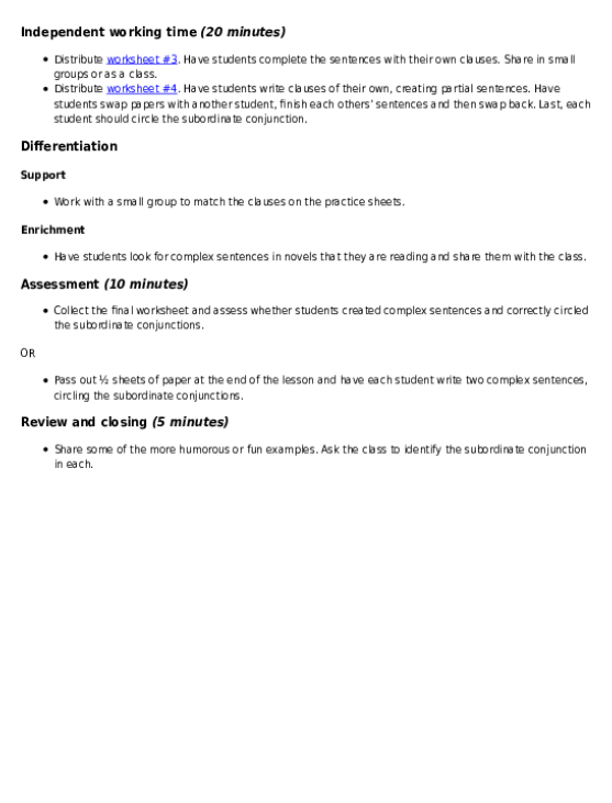 Worksheet for third graders on combining independent and dependent clauses to form complex sentences