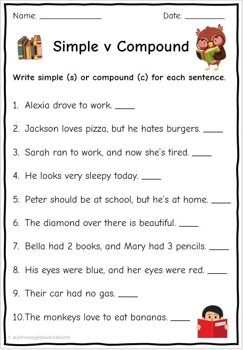 Worksheet for practicing compound sentences in grammar for third graders Third grade students working on a compound sentence practice worksheet