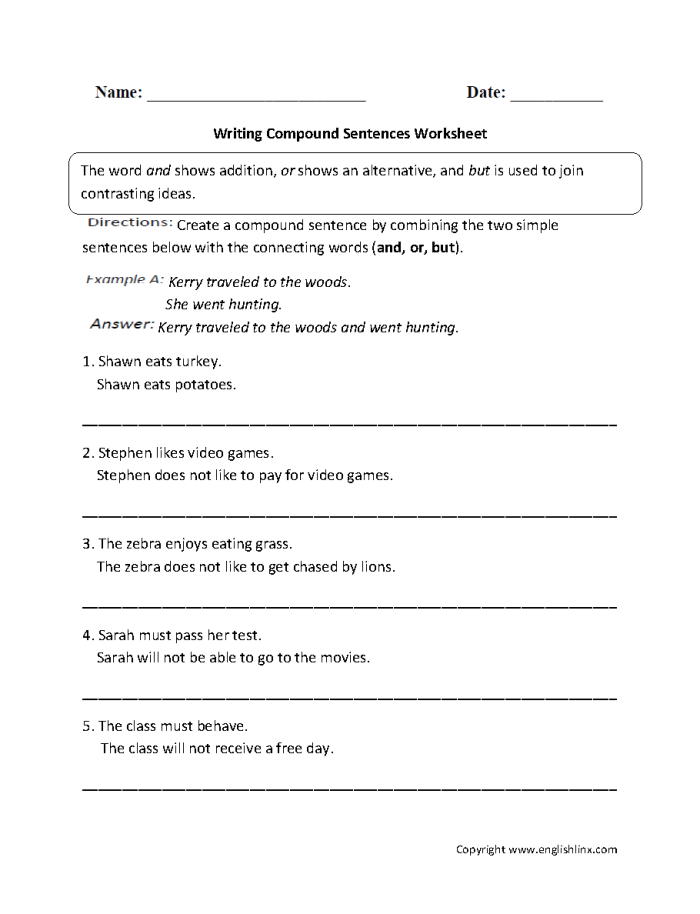 Worksheet for practicing compound sentences in third-grade writing skills Third-grade students working on a compound sentence practice worksheet