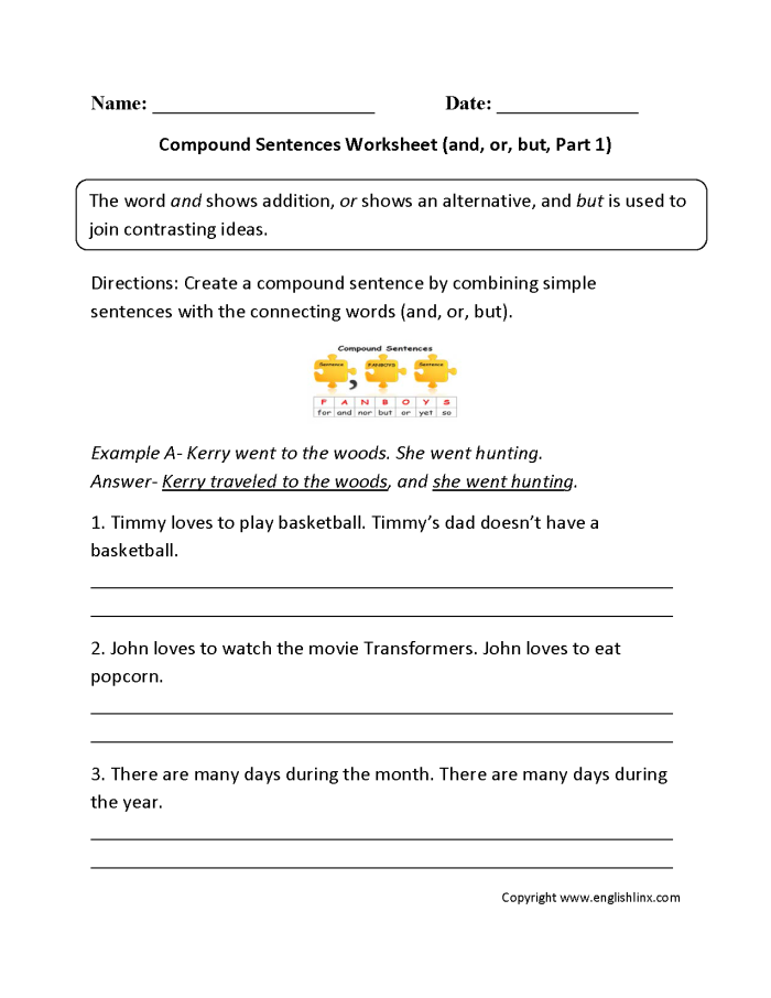 Creating Compound Sentences Practice Activity for Elementary Students Third grade grammar exercise showing how to combine simple sentences into compound sentences using commas and coordinating conjunctions