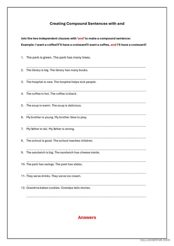 Creating Compound Sentences Worksheet for Third Grade Grammar Practice Third grade grammar worksheet featuring instructions and exercises for building compound sentences with commas and conjunctions
