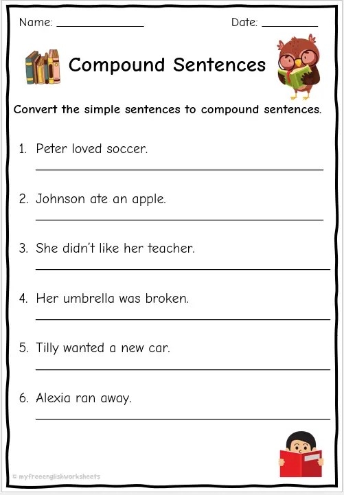 Worksheet featuring exercises for creating compound sentences in writing Third grade students working on a compound sentence practice worksheet