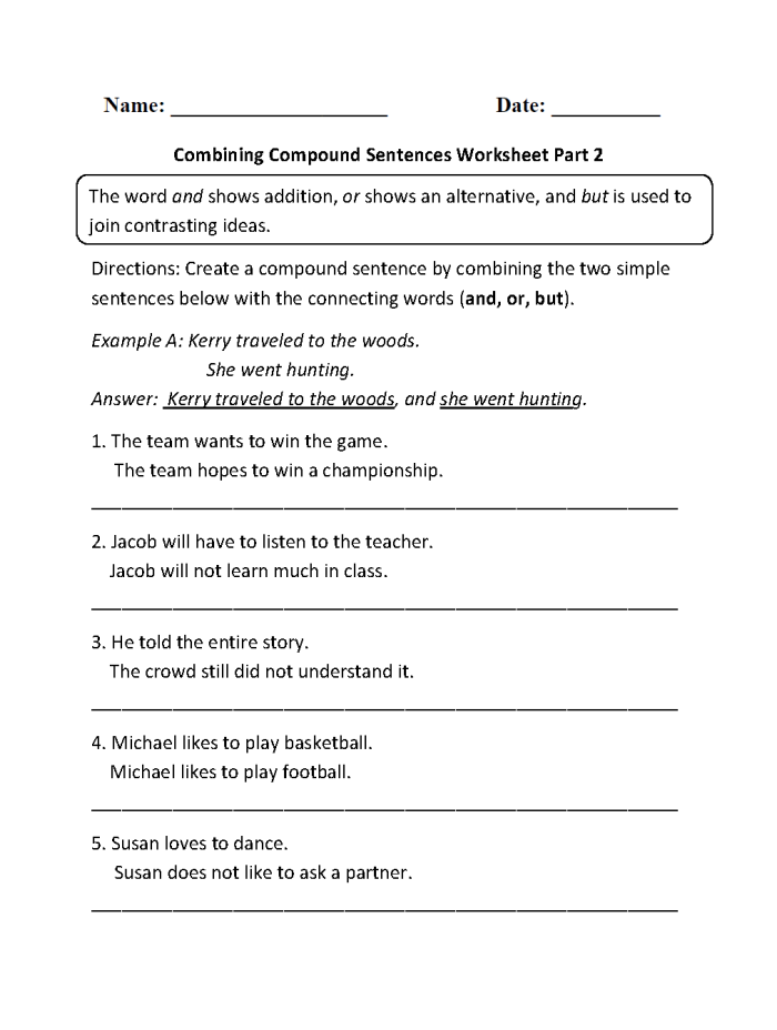 Worksheet for practicing compound sentence structure in third grade writing Third grade students working on a compound sentence practice worksheet
