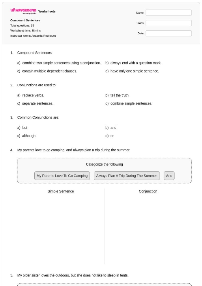 Compound Sentence Practice Worksheet for Grade 3 Students Worksheet for practicing compound sentences in third-grade writing skills