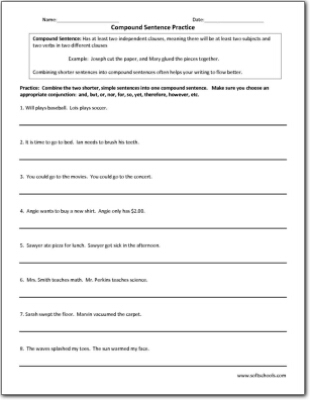 Worksheet image illustrating compound sentence creation activities for students Compound Sentence Practice worksheet for third graders focusing on grammar skills
