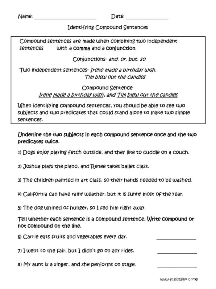 Worksheet image for practicing compound sentences in third grade writing lessons Third grade students working on a compound sentence practice worksheet for grammar skills