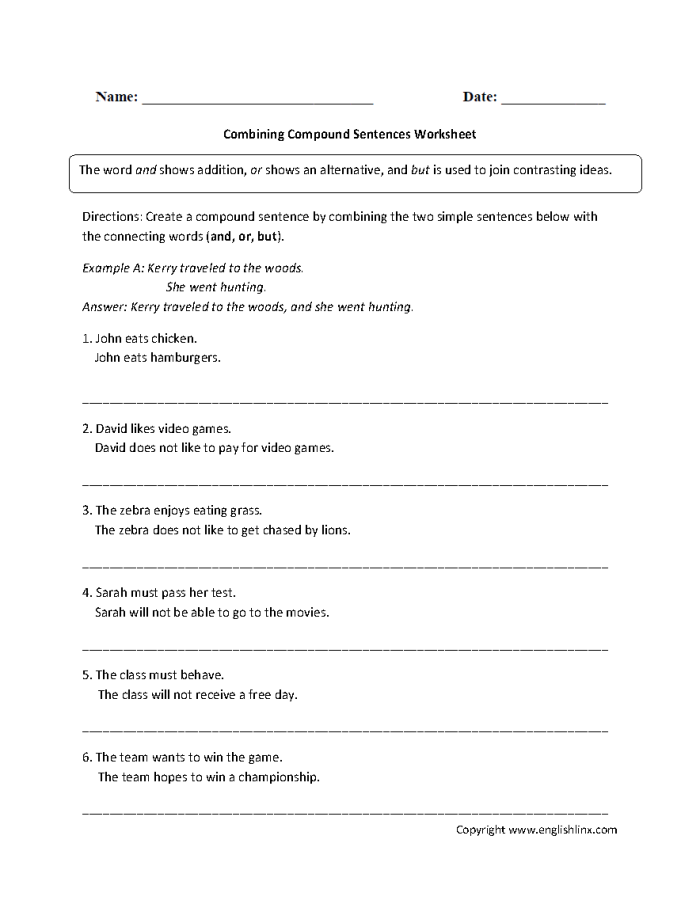 Creating Compound Sentences with Coordinating Conjunctions Exercise 8 Two simple sentences being combined with a comma and coordinating conjunction to form a compound sentence for third grade grammar practice