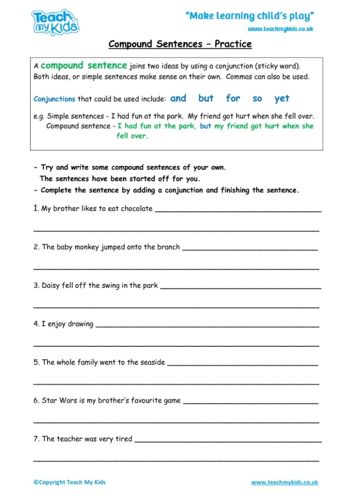 Creating Compound Sentences Worksheet Number 14 Third grade student practicing how to combine simple sentences with conjunctions on a grammar worksheet
