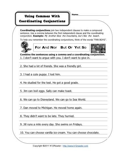 Third grade worksheet featuring exercises on joining sentences with commas and conjunctions