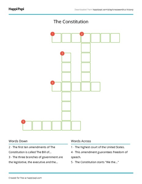 Crossword puzzle worksheet for third graders on the United States Constitution