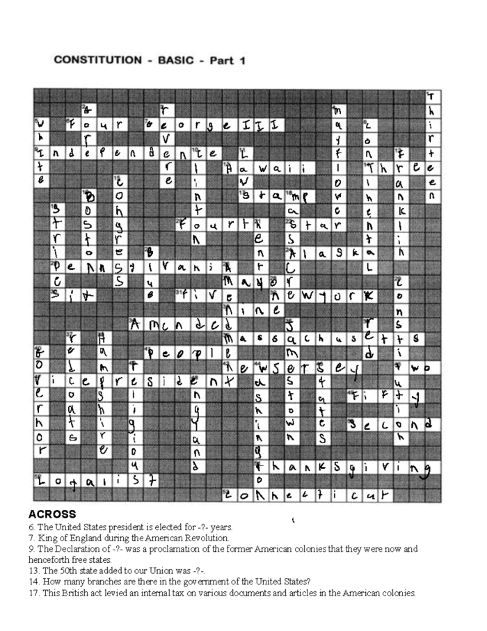 Third grade students practice U.S. Constitution facts with a fun crossword puzzle worksheet number sixteen