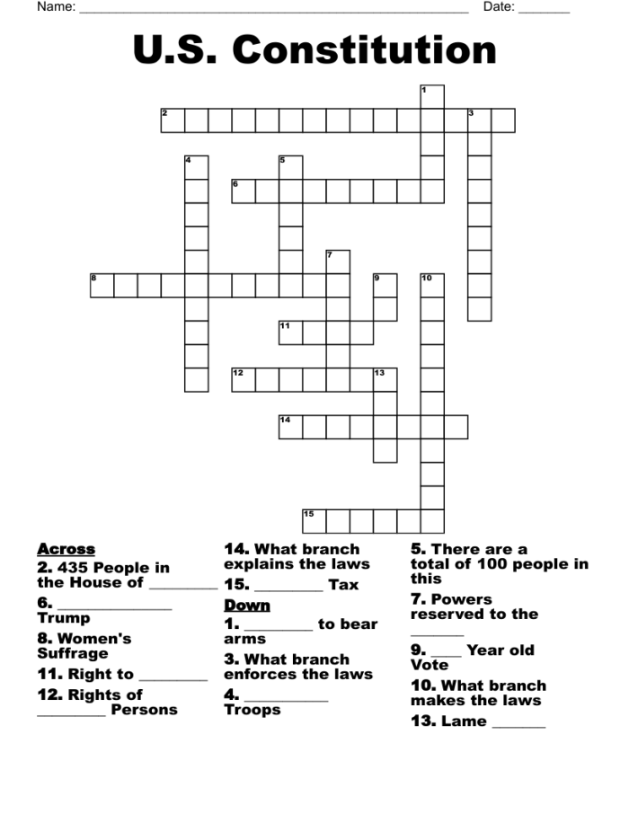 Third grade students learning about the United States Constitution with a printable crossword puzzle worksheet