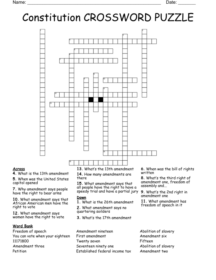 Crossword puzzle worksheet for third graders about the United States Constitution