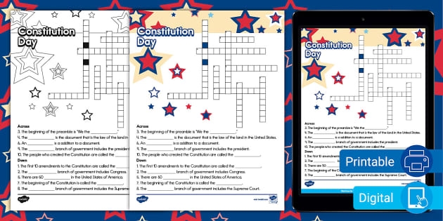 Crossword puzzle worksheet about the United States Constitution for third graders