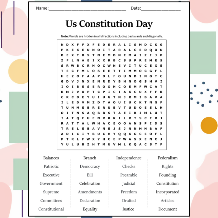 Crossword puzzle worksheet focused on the United States Constitution for third-grade students