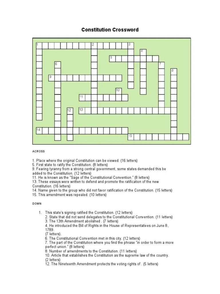 Third grade United States Constitution crossword puzzle worksheet for history students