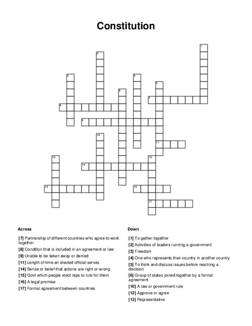 Crossword puzzle worksheet about the United States Constitution for third-grade students