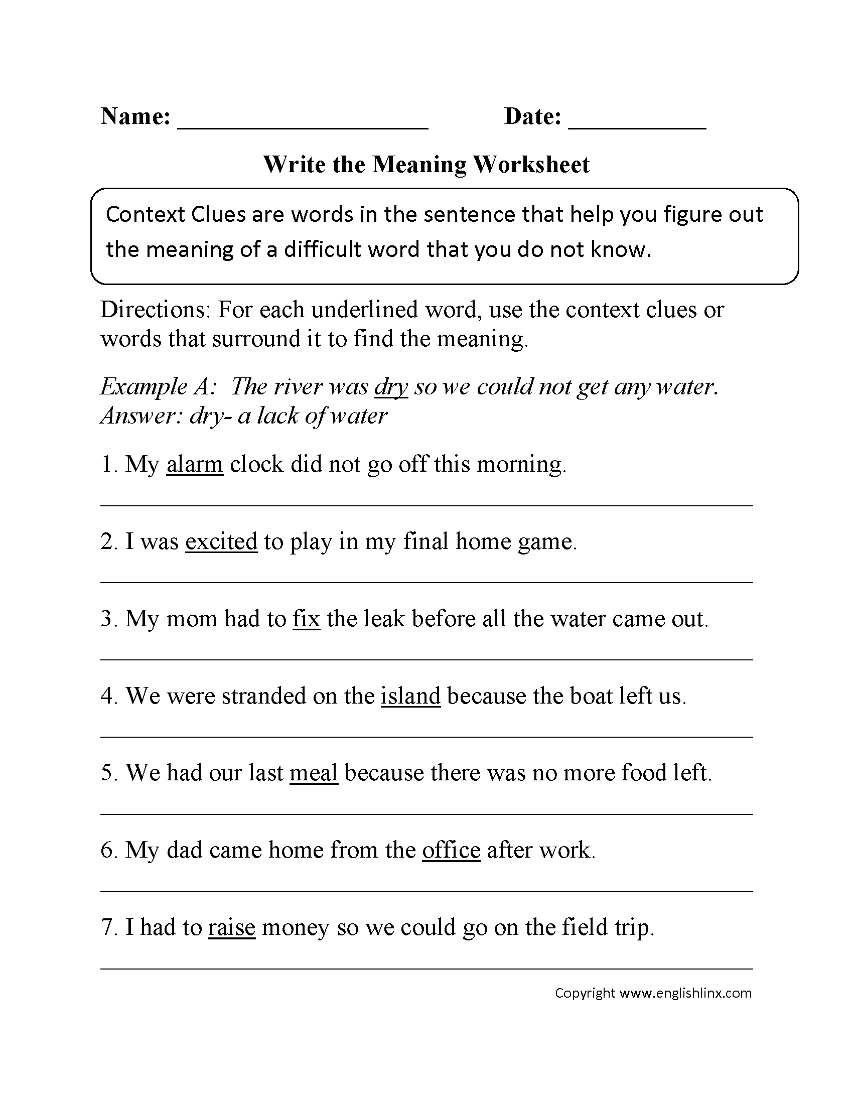 Third grade worksheet page for identifying word meanings using context clues in sentences
