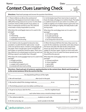 Context Clues Learning Check Worksheet Grade 3 Subtraction Practice 9 Third grade worksheet featuring a context clues learning check for reading comprehension