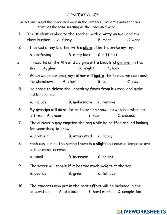 Using Context Clues to Determine Word Meanings Practice Activity 7 Third grade worksheet showing multiple meaning words with context clues for students to practice vocabulary skills