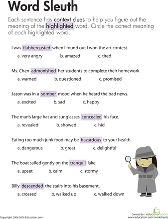 Worksheet for third graders focusing on context clues to decipher unfamiliar words