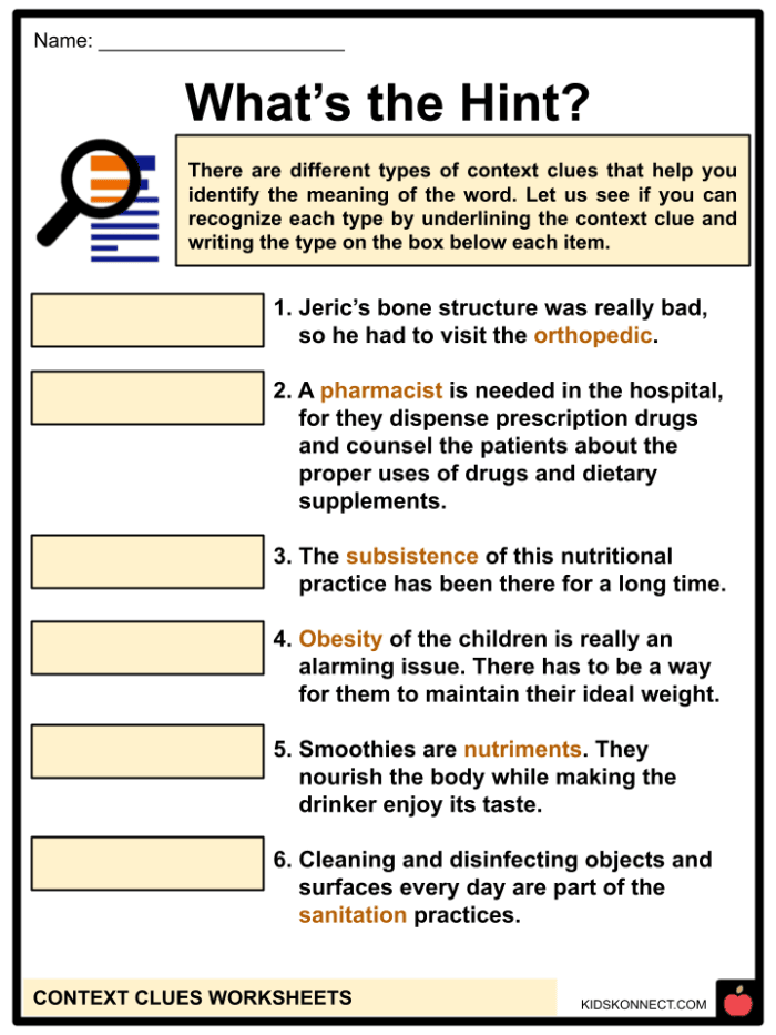 Worksheet featuring context clues for vocabulary development in third graders