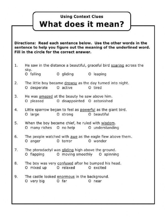 Third grade worksheet featuring context clues for vocabulary building