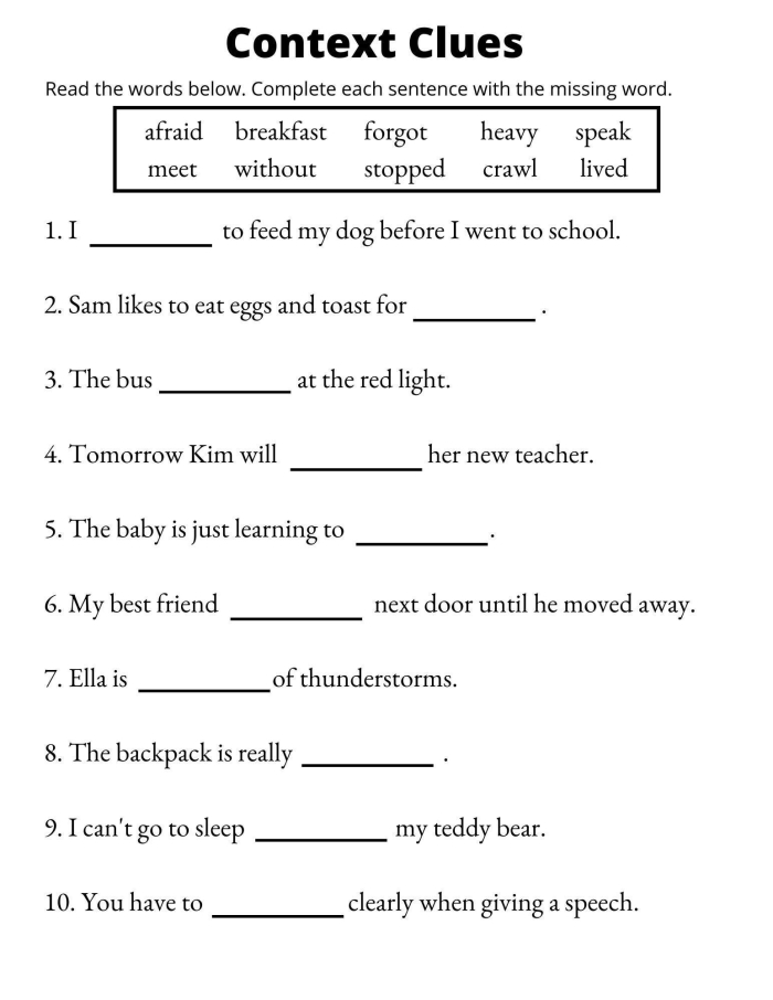 Third grade worksheet featuring context clues to help students define unfamiliar words