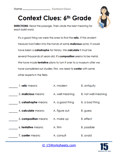 Worksheet illustrating context clues for vocabulary development in third graders